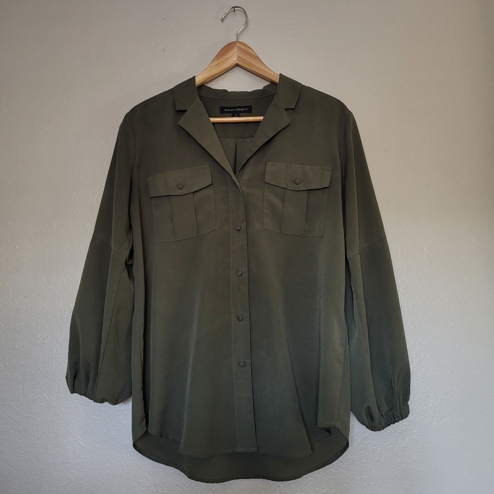 Banana Republic Olive Green Puff Sleeve Button-Up